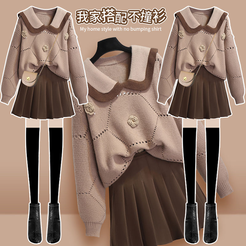 冬季套装女2023新款大码女装学院风减龄百搭显瘦毛衣百褶裙两件套