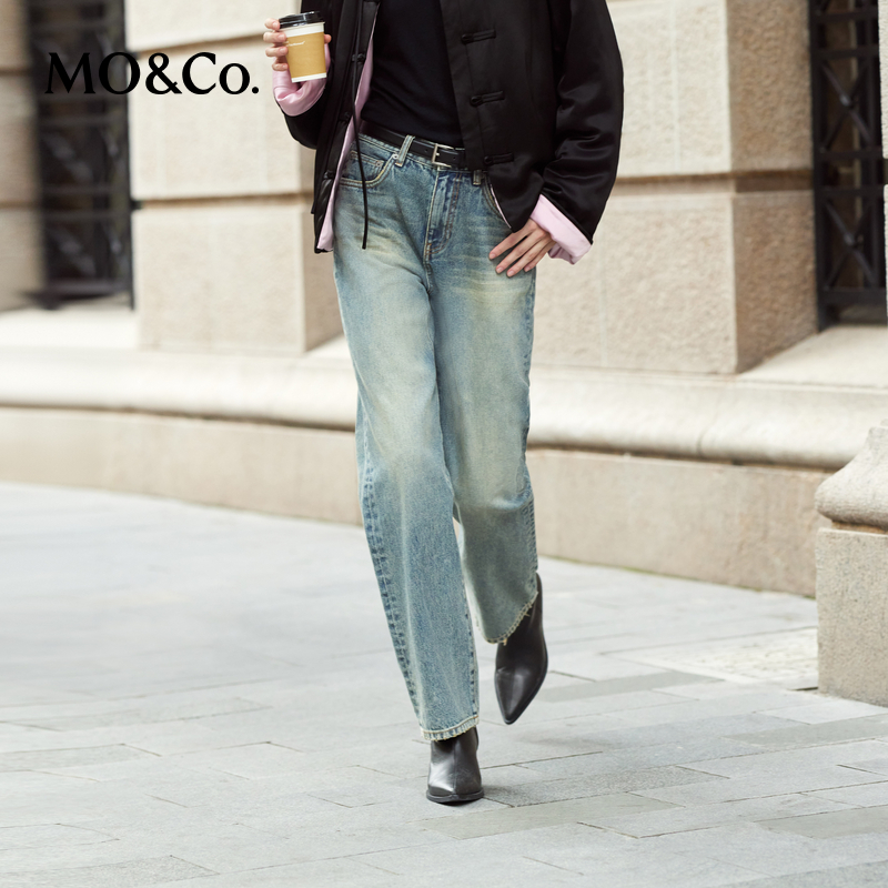 MOCO牛仔裤冬洗磨褪色棉质精裁中高腰九分直筒MBD4JEN018