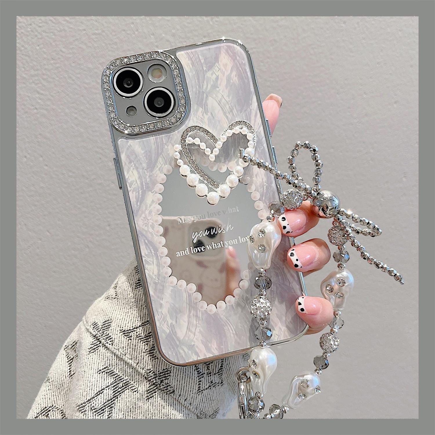 苹果14promax手机保护壳iphone15立体爱心珍珠手錬镜面13网红女款