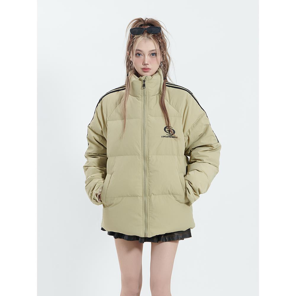 美式复古简约刺绣立领保暖羽绒服女冬季潮牌休闲情侣款加厚面包服
