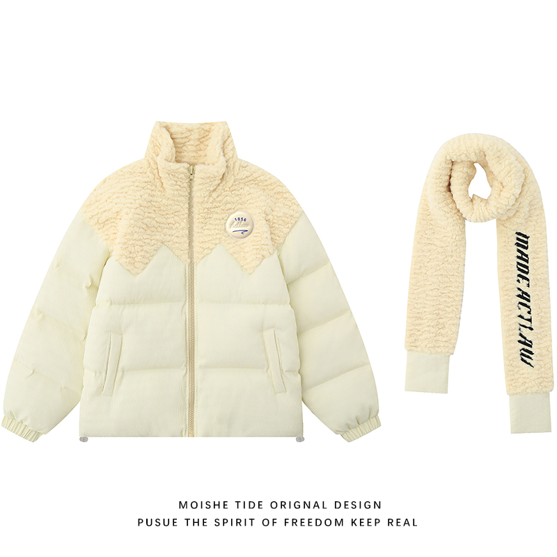 MOISHE TIDE潮牌复古绒拼接立领加厚棉衣男女宽松保暖棉服