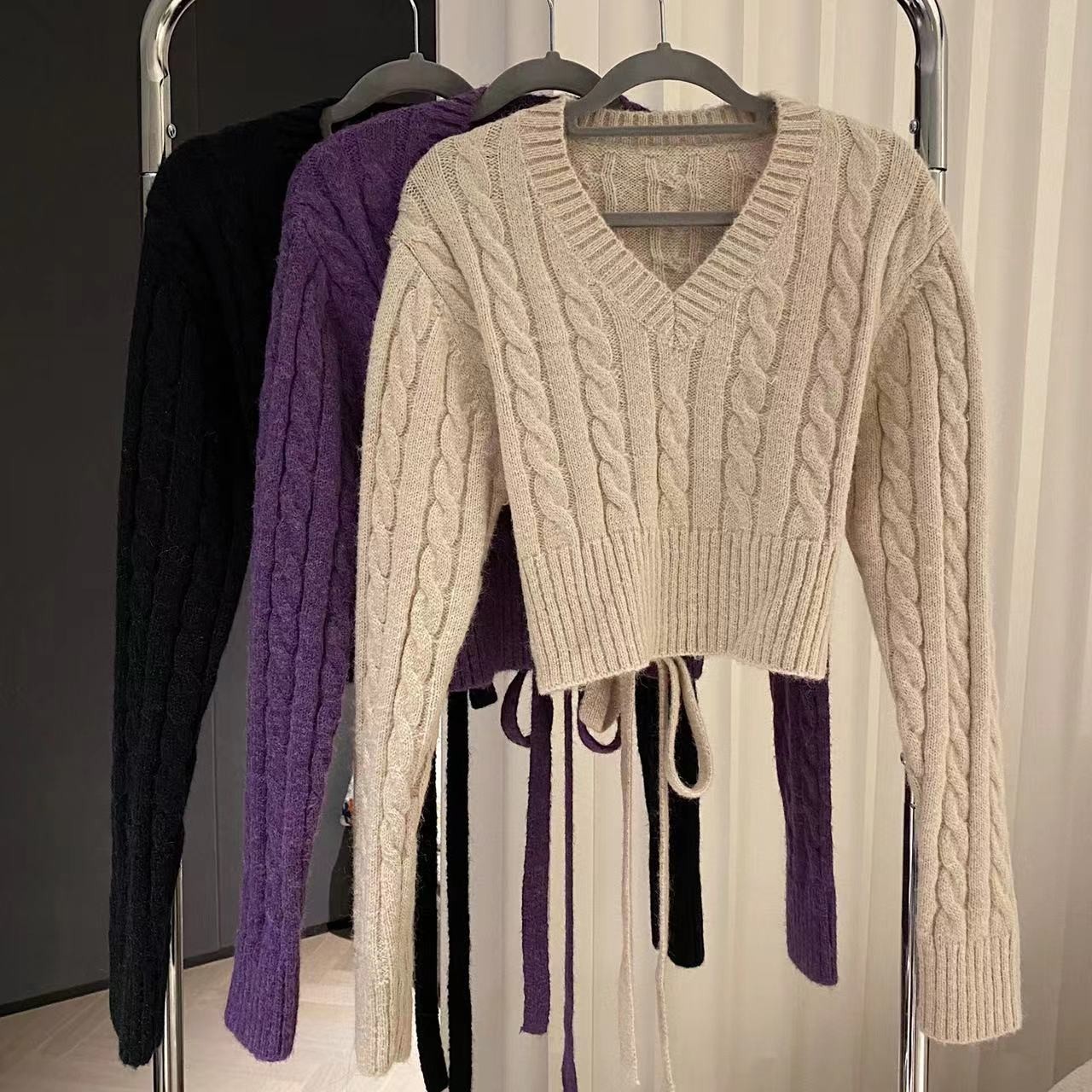 【复古韩妹】三色 麻花 绑带毛衣