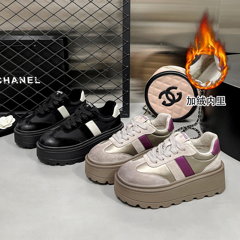 欧货真皮厚底松糕鞋女新款增高翻毛皮细带休闲鞋小个子德训鞋