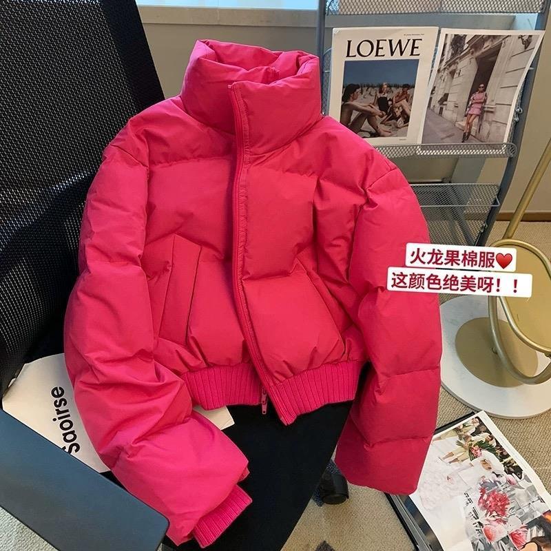 鸭鸭【现货】潮牌店小个子玫红色立领羽绒服外套女甜美加厚短款面