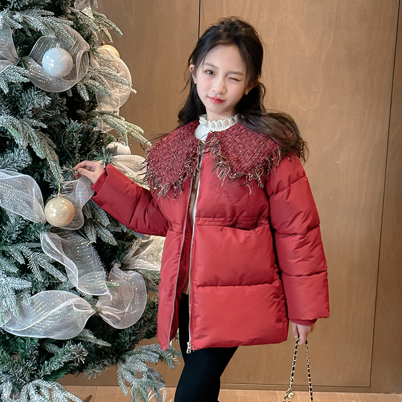 女童小香风棉服冬季洋气棉衣休闲宽松棉袄中大童新年加厚红色外套