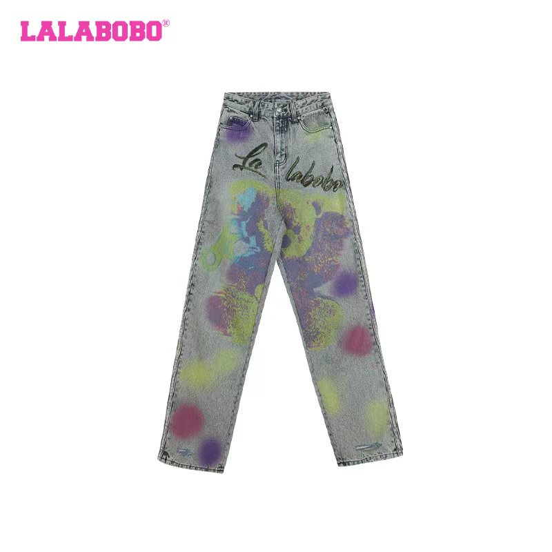 杭州LALABOBO24春复古重磅工喷印男友风牛仔裤女|LBDA-WXZC52