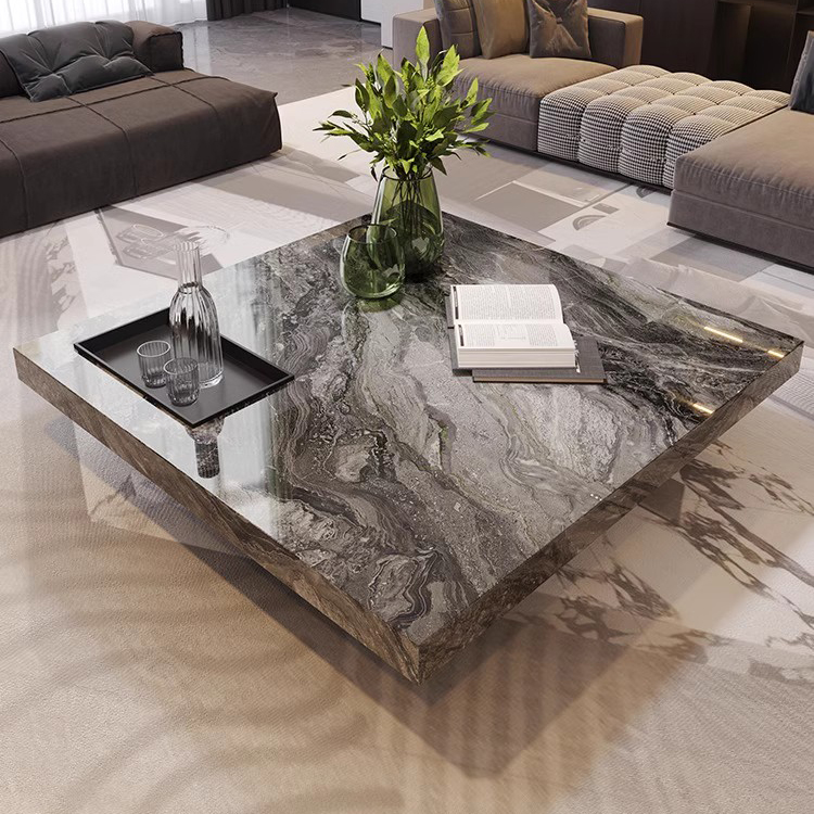 极简现代正方形茶几威尼斯棕岩板客厅设计师网红款高级感盒子茶几