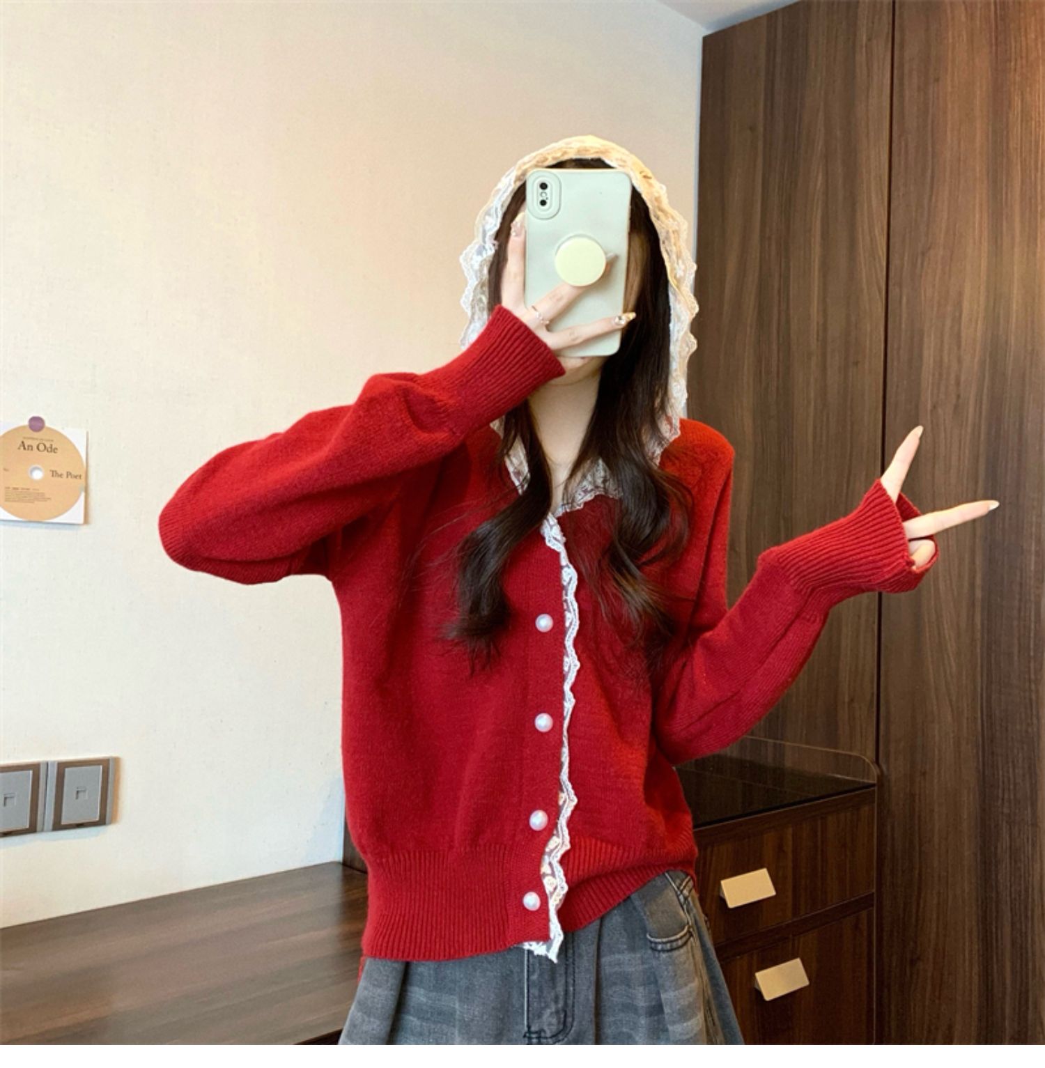 2411大码女装蕾丝连帽拼接针织开衫春季洋气减龄百搭毛衣上衣