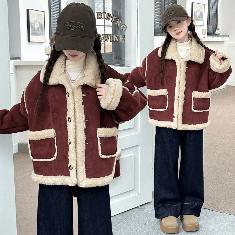 女童加绒皮毛一体绒外套秋冬款2024新款儿童冬季深秋洋气时髦上衣