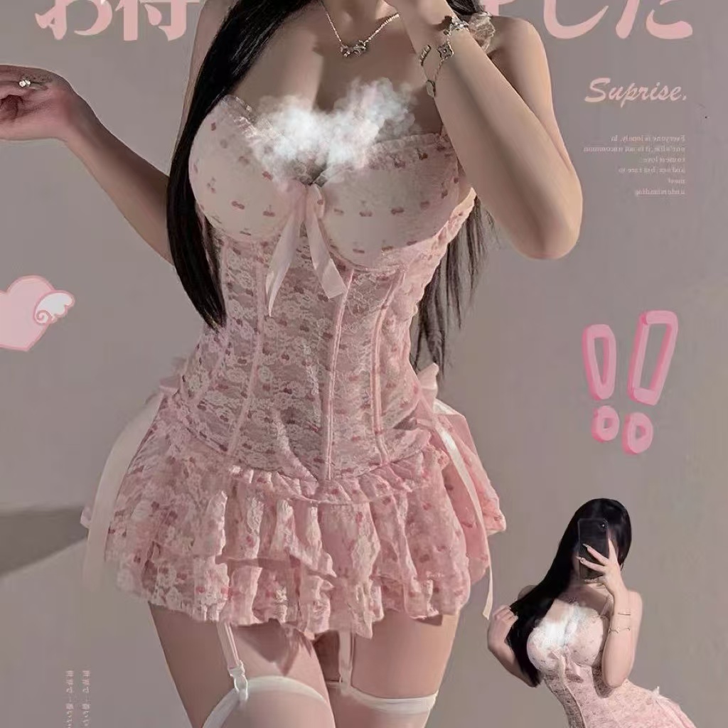 纯欲碎花性感吊带甜美粉色鱼骨少女裙带钢圈带垫镂空修身睡裙