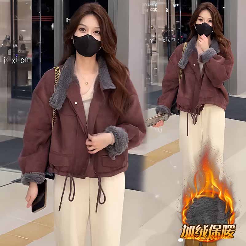 短款毛毛外套女冬季新款加绒加厚小个子皮毛一体小个子保暖上衣