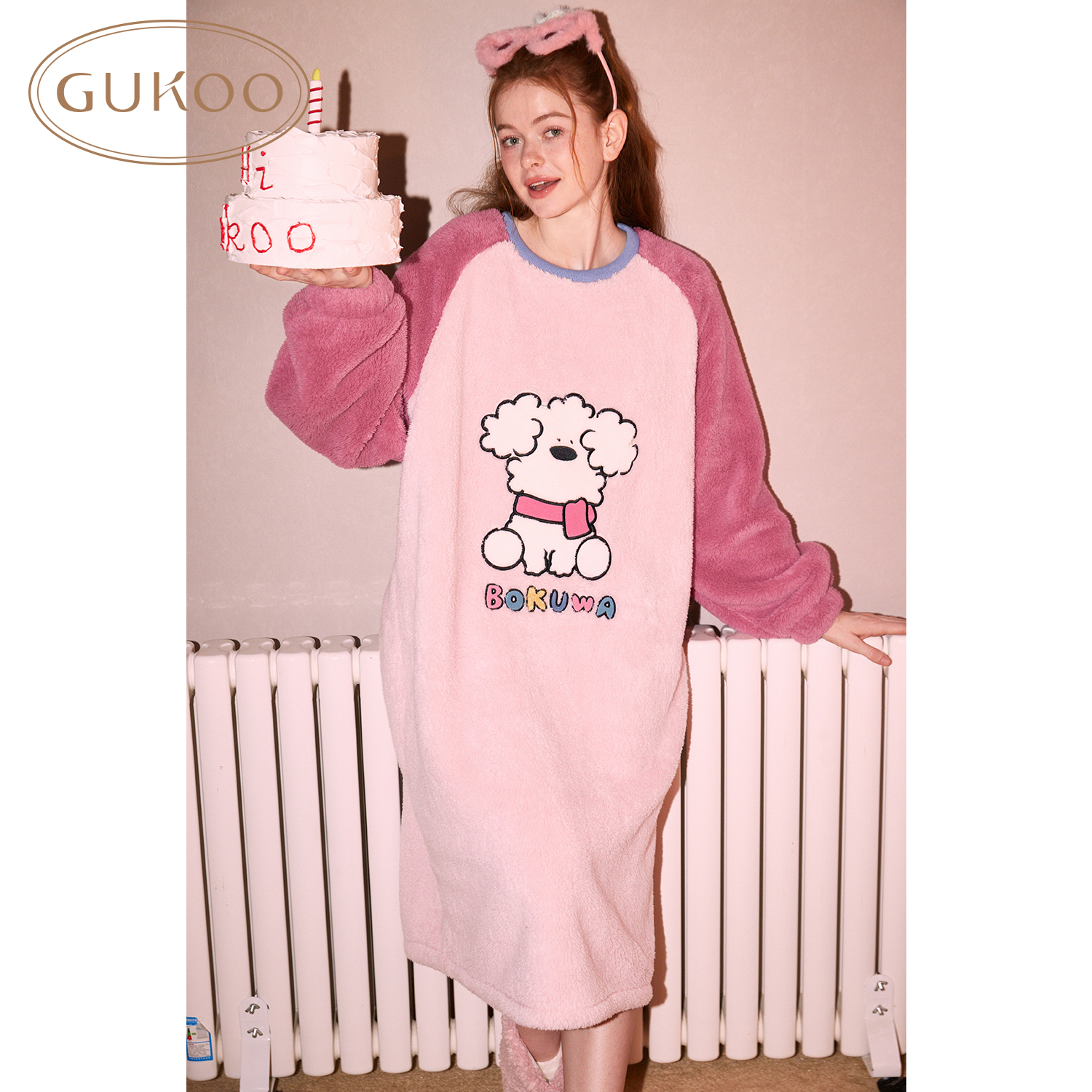 Gukoo果壳秋冬粉色双面北极绒保暖柔软牛奶绒宽松睡裙