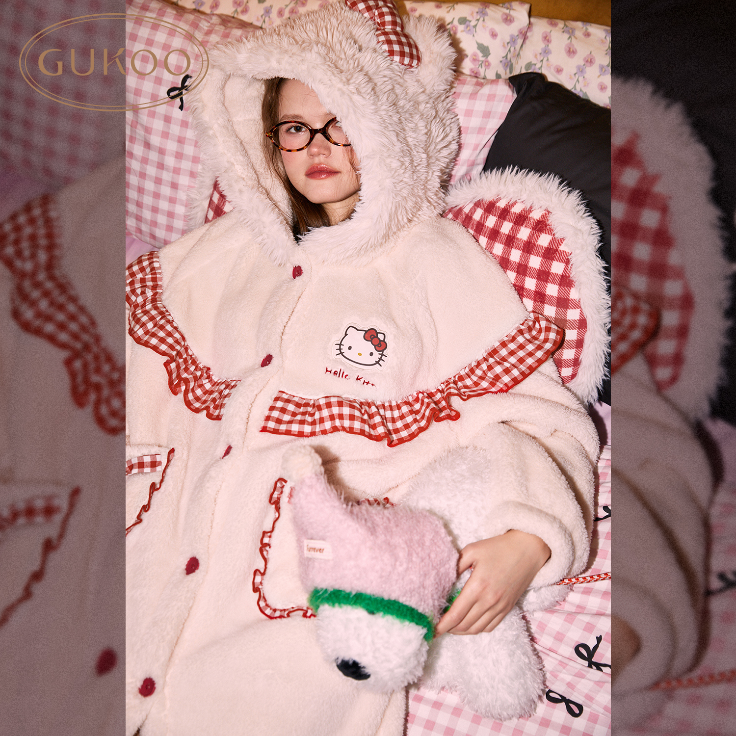 【静瑶专属】Gukoo果壳秋冬hellokitty联名撞色连帽保暖睡袍