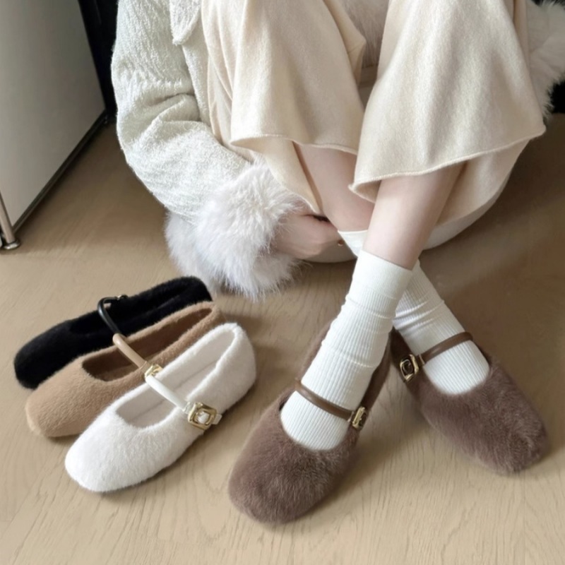 网红保暖平底鞋棉鞋可爱毛毛鞋方头一字带浅口单鞋女2023秋季新款