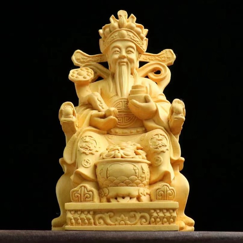 黄杨木雕坐像财神爷聚宝盆木制雕刻工艺品车载摆件财神像家居摆件