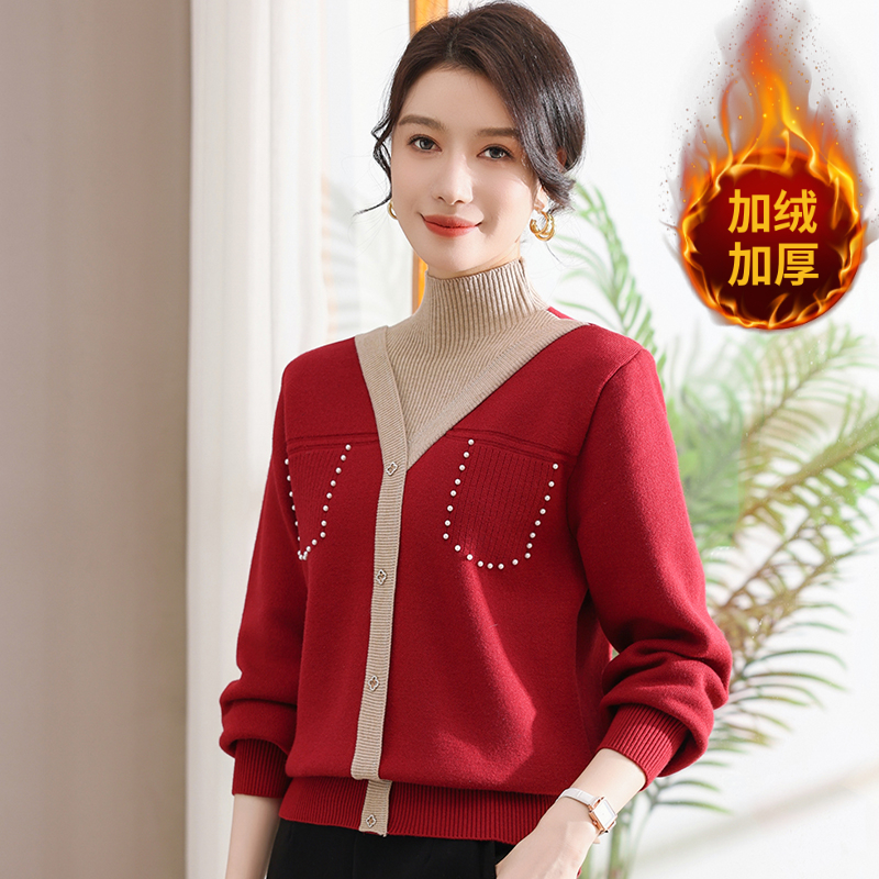 2024冬季新款一体绒中老年女装打底衫红色时尚高贵母亲衣服洋气