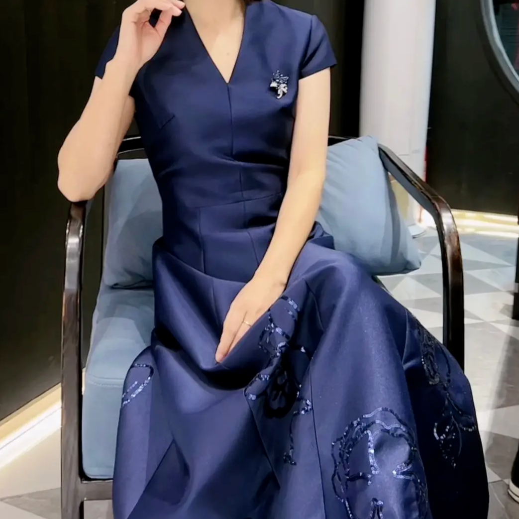 9187-11高端定制系列藏青色礼服连衣裙