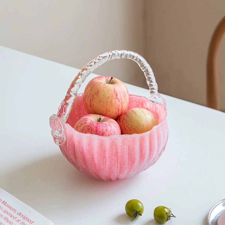 粉色琉璃提篮酒柜可爱创意摆件水果篮透明家用玻璃手工艺品（瑕疵）