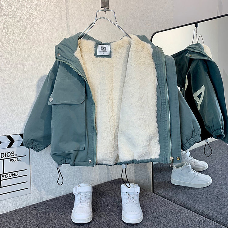 男童加绒外套2023新款派克服帅气棉袄儿童加厚秋冬装宝宝冬季棉衣