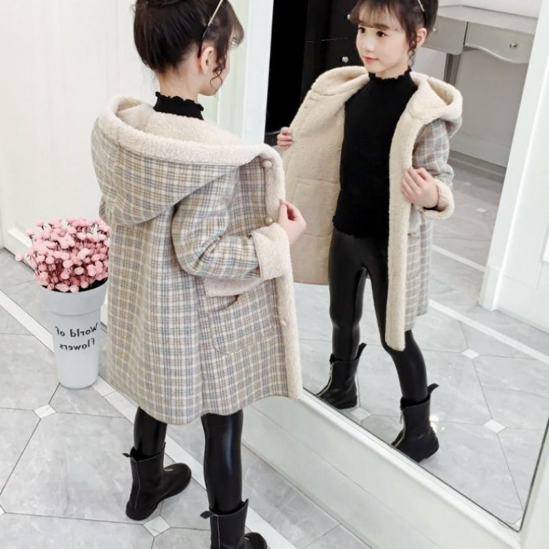 女童仿羊羔毛外套秋冬中大童妮子大衣小女孩洋气新款加厚毛呢外套