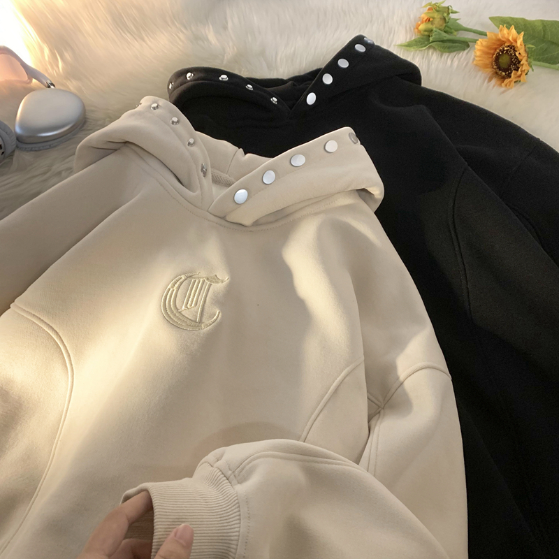 BBXX 700g重磅美式刺绣连帽卫衣冬季加绒保暖宽松百搭慵懒风外套