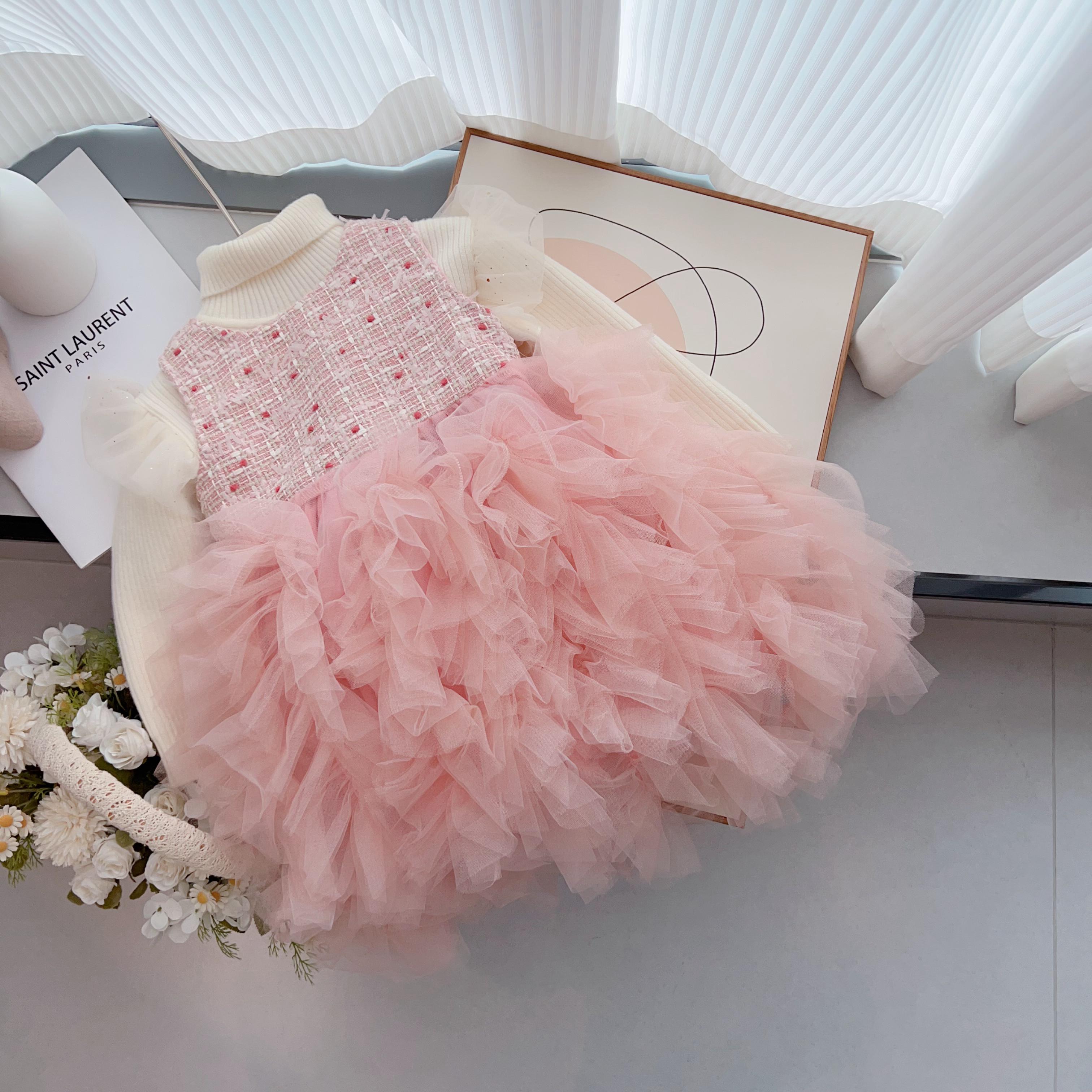 2023冬款女童呢子无袖背心裙Q-756049女宝洋气公主纱裙拼接蓬蓬纱