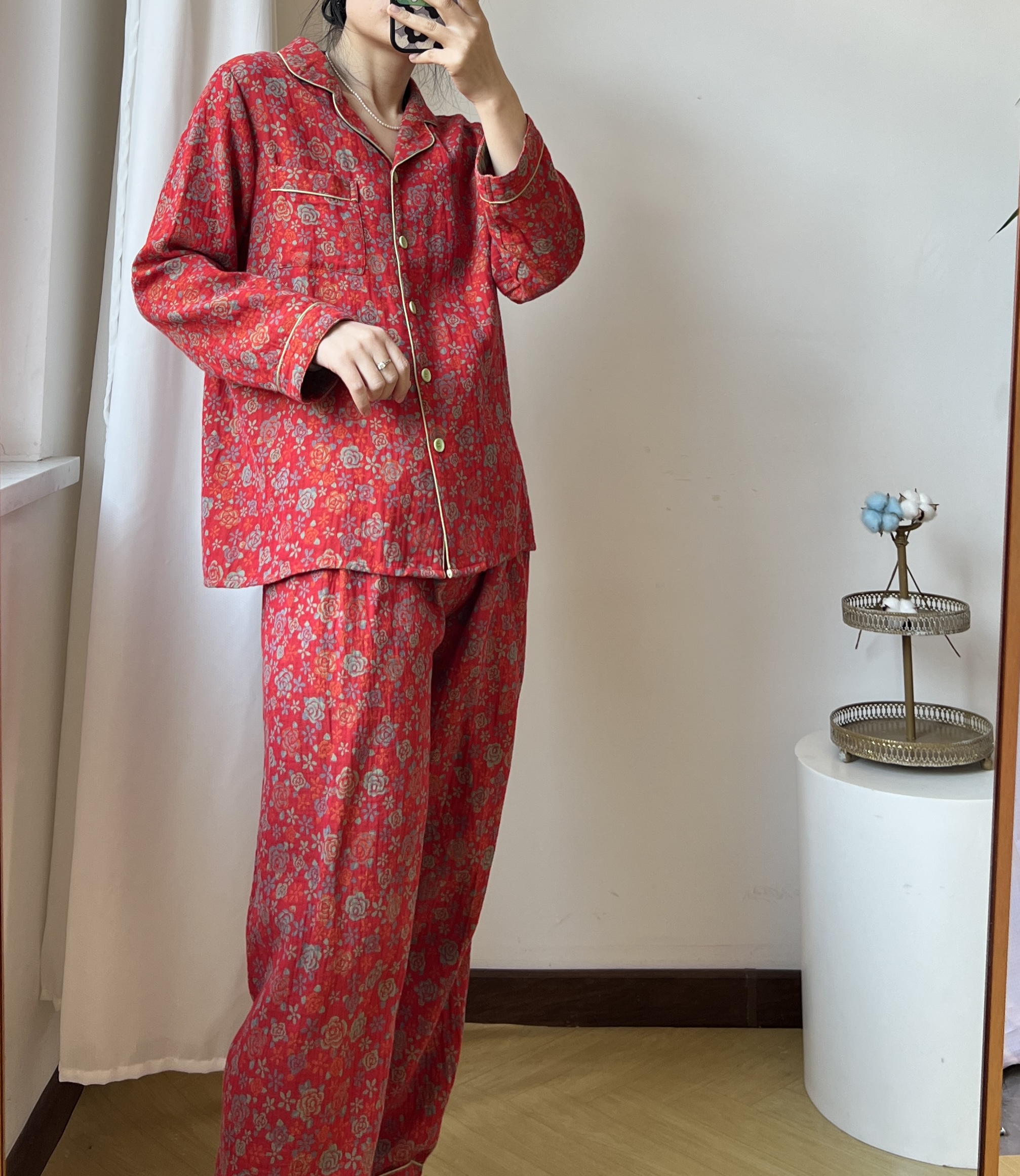 女士大提花双层纱100%棉复古气质款四季款睡衣家居服套装11278