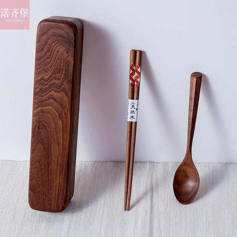 无漆黑胡桃实木长方形日式餐具收纳盒学生便携叉勺筷套装筷子盒