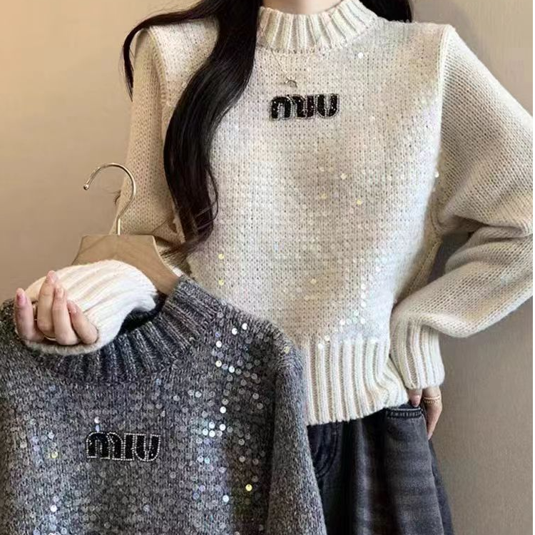 8023韩版2024冬季儿童时尚潮流休闲乳白色绵羊绒混纺亮片毛衣0