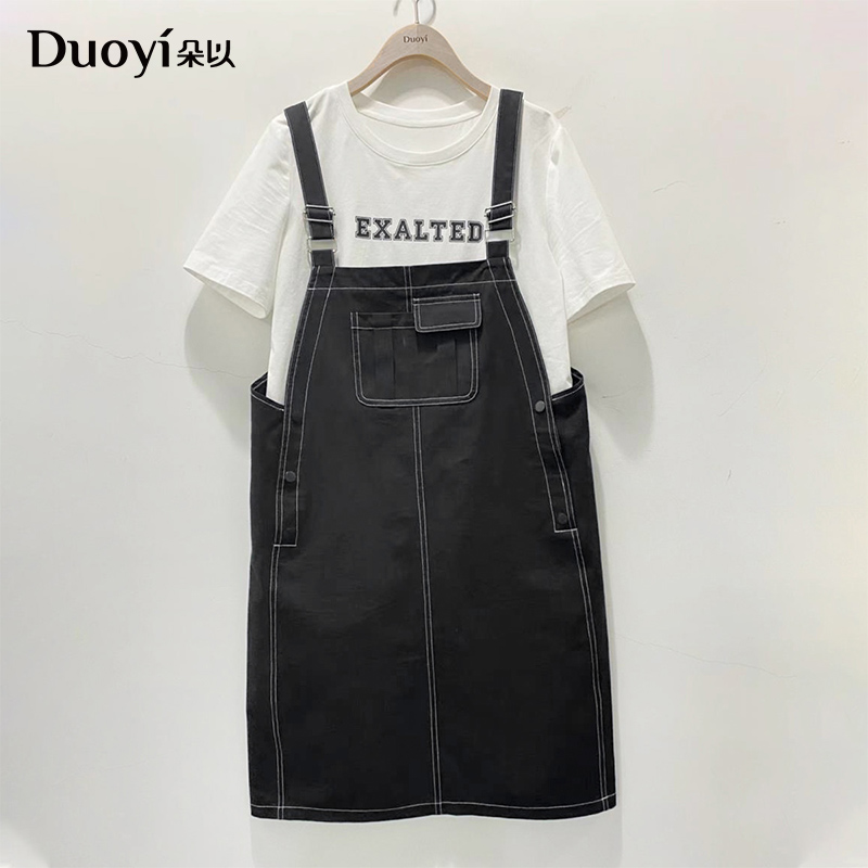 朵以2024夏新款圆领t恤直筒牛仔背带连衣裙两件套装38DQ818055