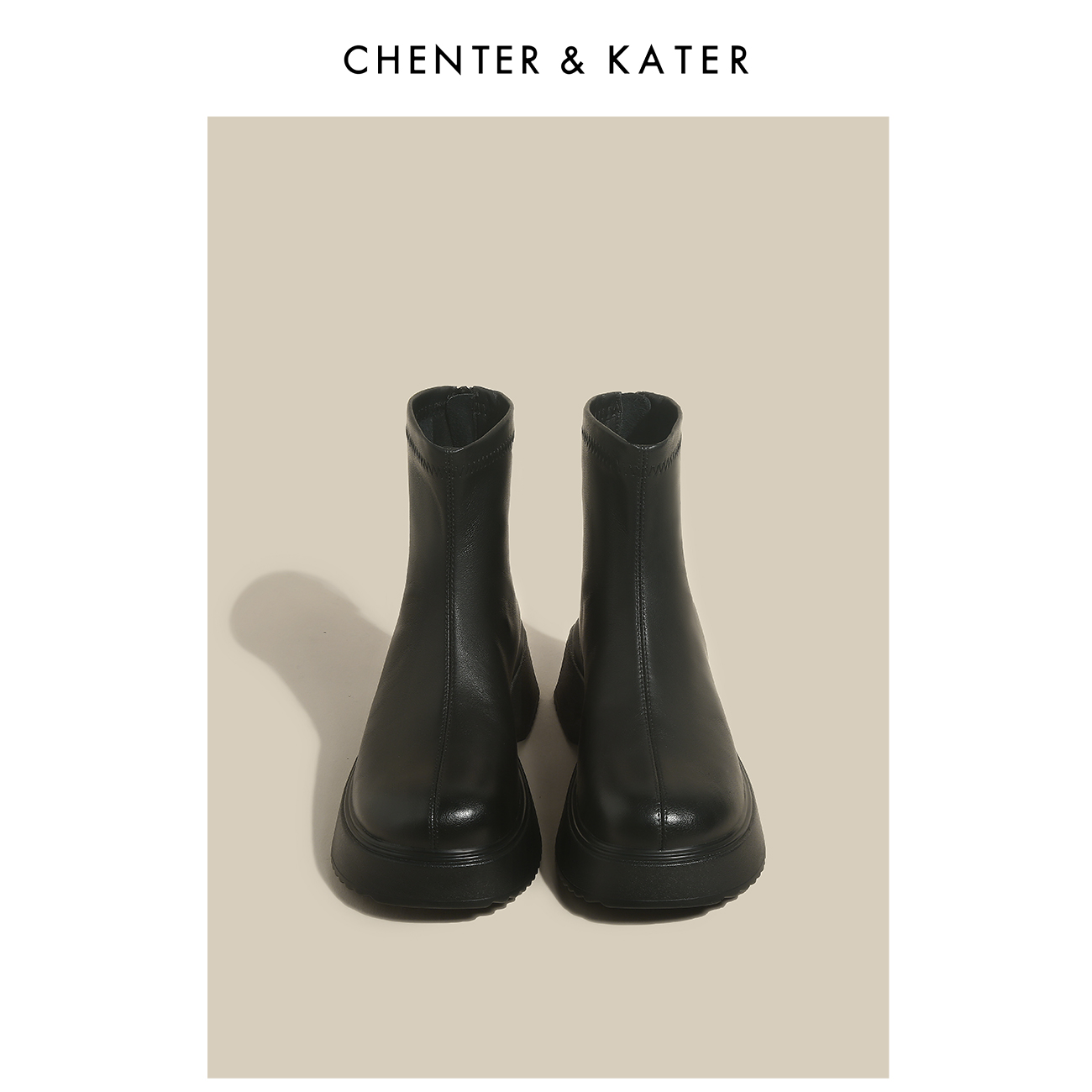 CHENTER&KATER单靴 2023年秋季新款英伦风内增高圆头厚底瘦瘦靴女