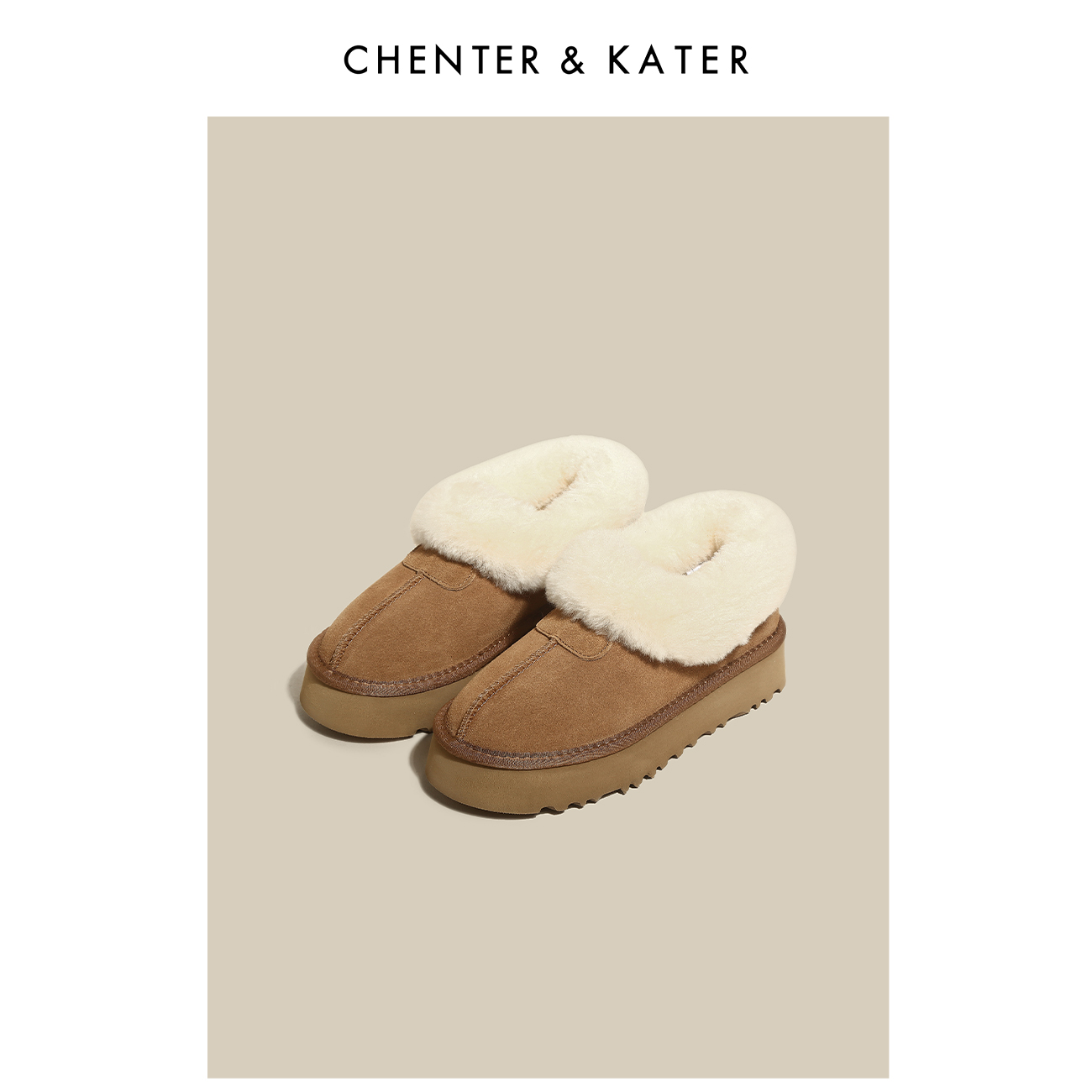 CHENTER&KATER毛毛鞋 2023秋季新款外穿加绒舒适圆头厚底雪地靴女