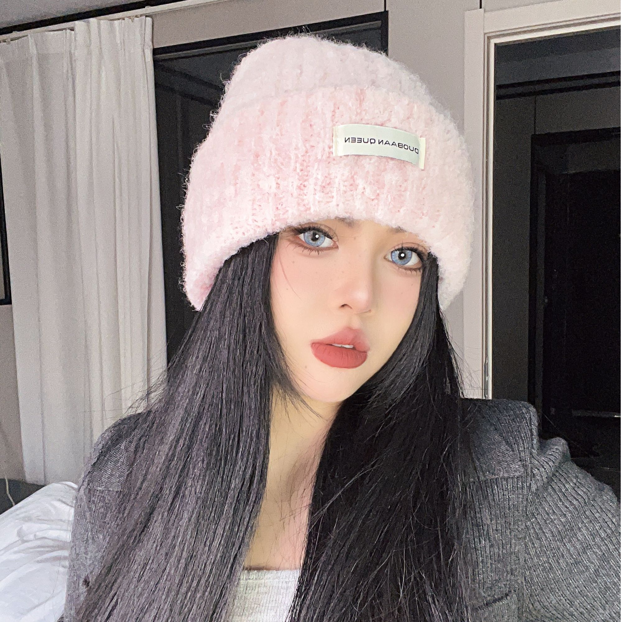 加厚针织保暖大头围毛线帽子女冬天款针织冷帽显脸小护耳帽粉色