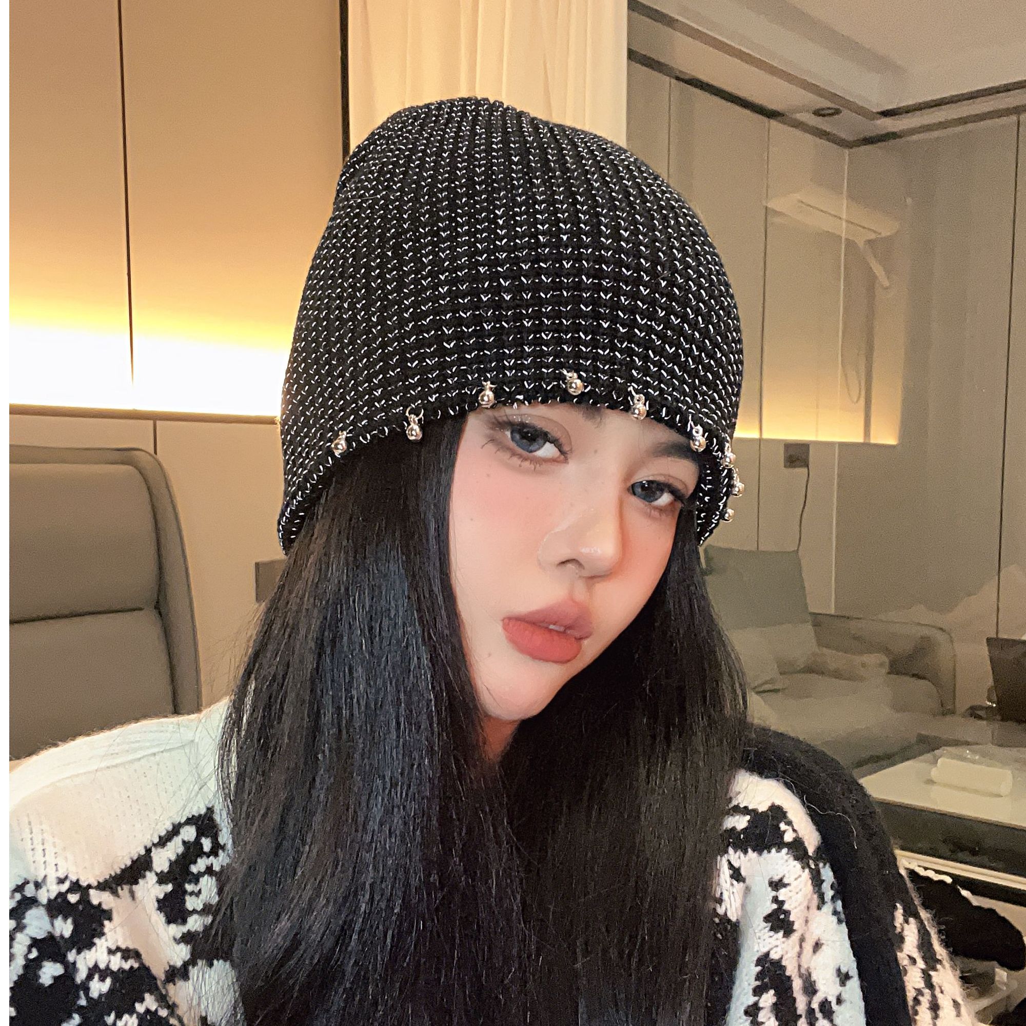 韩国ins辣妹堆堆帽女百搭时尚手工针织镂空显脸小亮丝酷包头冷帽