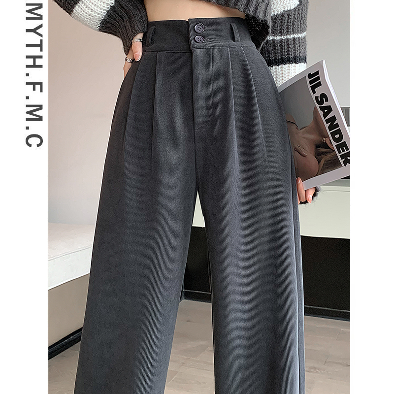 灰色灯芯绒裤子女秋冬季2025新款高腰雪尼尔窄版直筒阔腿裤垂坠感