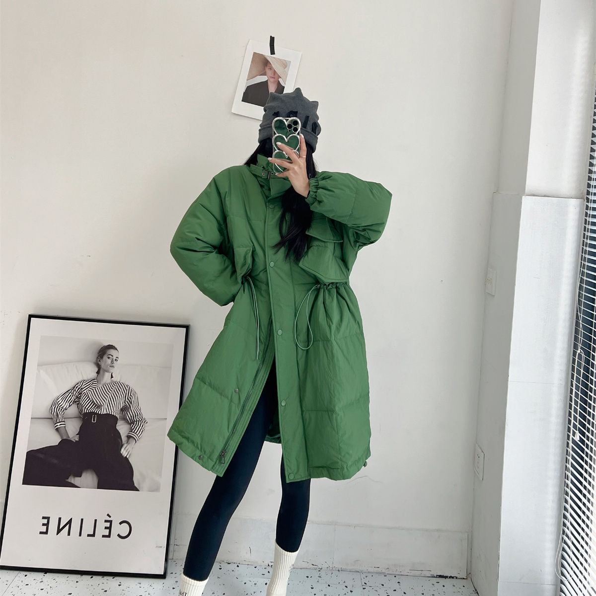 韩版中长款收腰轻薄羽绒服女款2023年新款设计感抽绳立领保暖外套