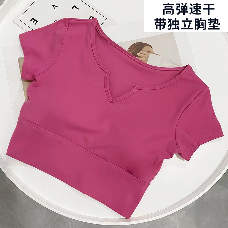瑜伽短袖T恤运动健身上衣速干弹性带胸垫瑜伽服夏季薄款可外穿v领