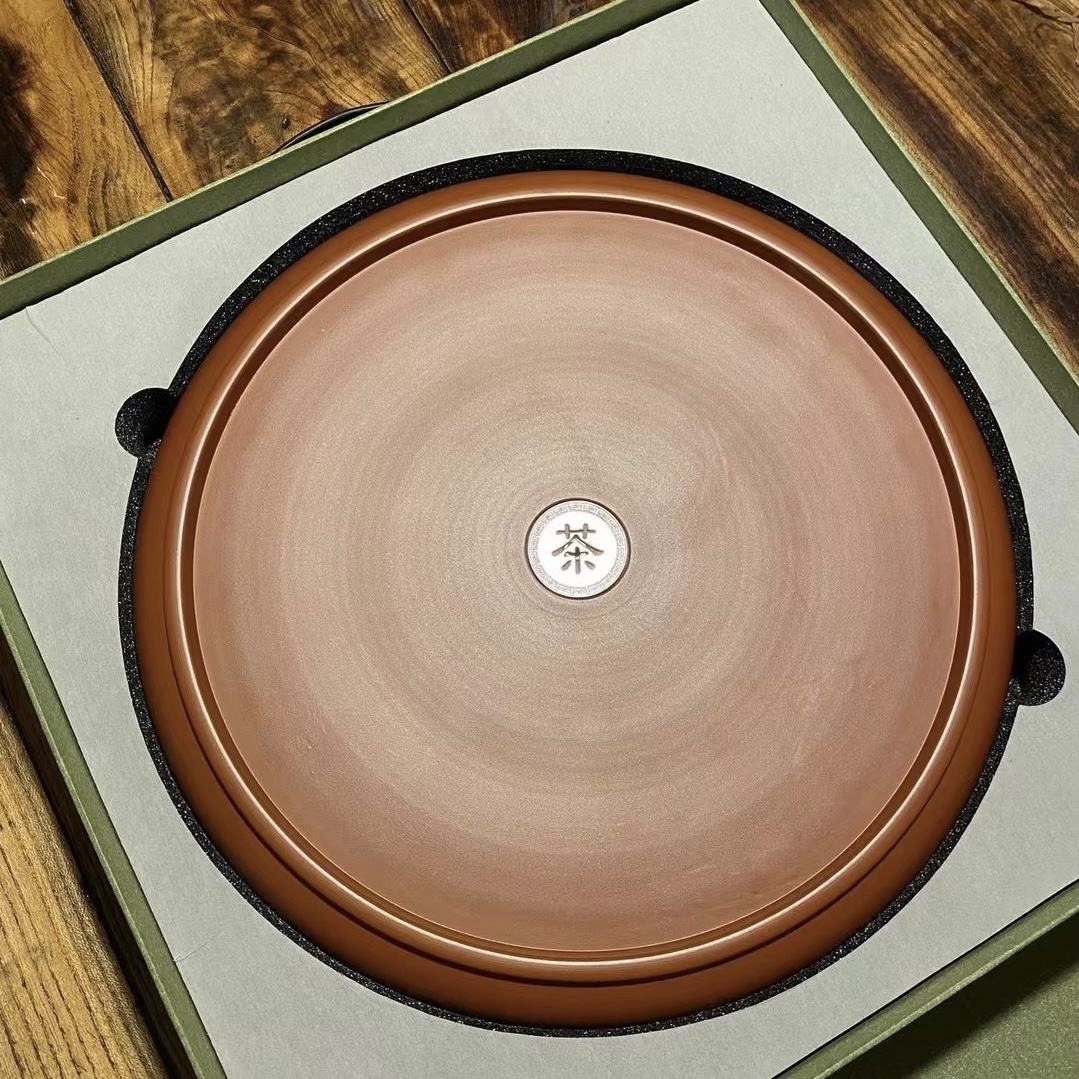 潮州明德园朱泥茶盘14寸手拉茶盘家用茶具红泥紫砂落水式茶船茶台