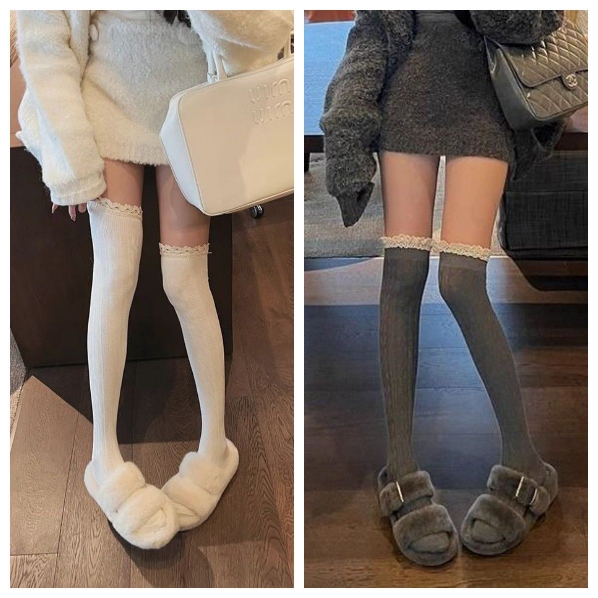 ins风秋冬性感长筒灰色简约针织麻花显瘦ins过膝棉袜