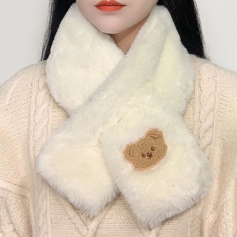 韩版可爱狗狗毛绒围脖冬季外搭保暖领巾护颈百搭毛绒绒小熊围巾女