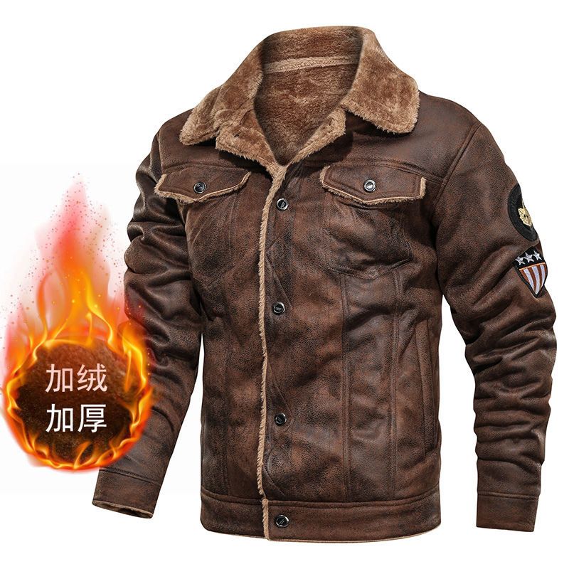 2023新款冬季加绒外套男修身夹克加厚保暖羊羔绒外套男衣服复古H