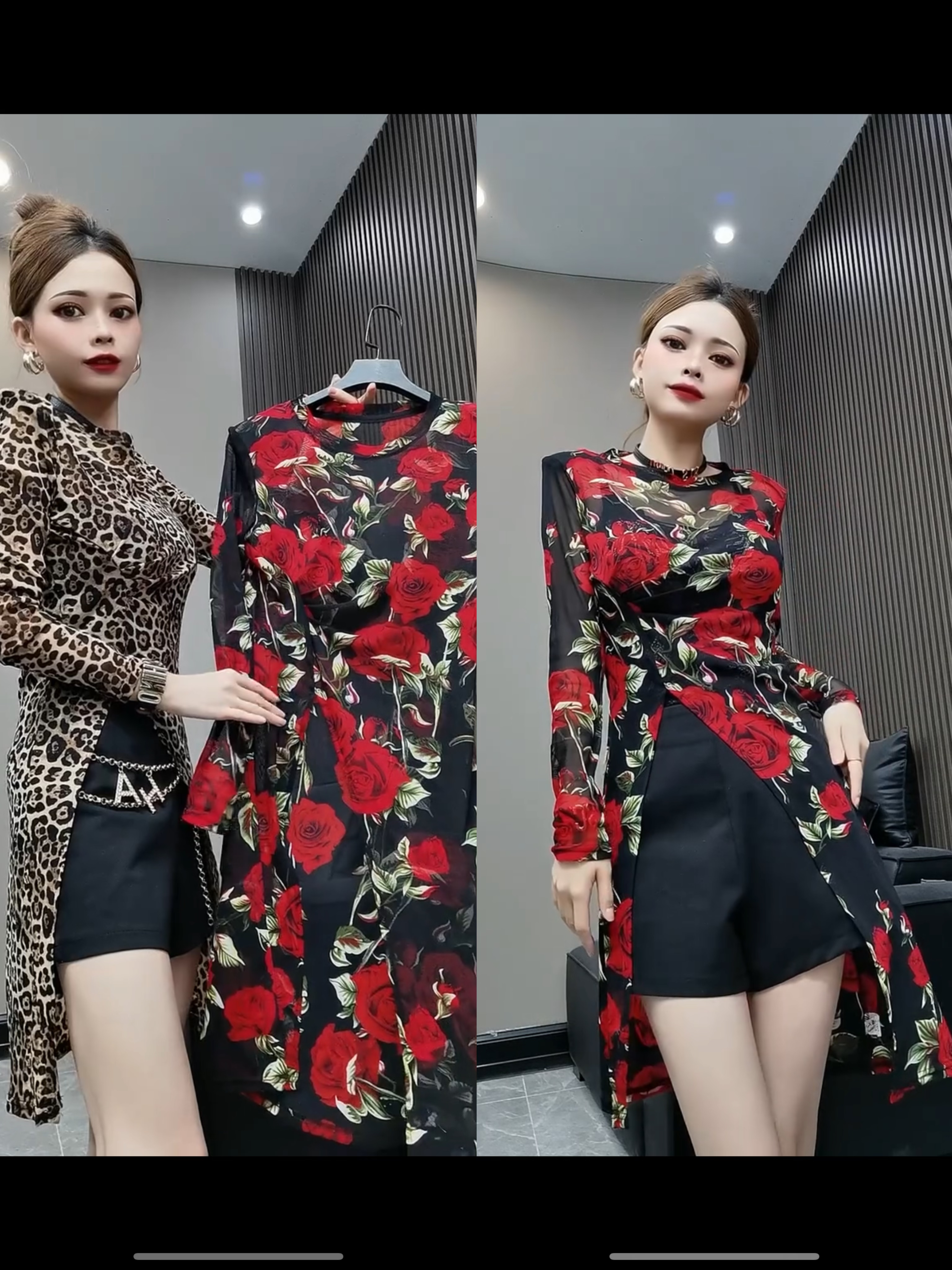 2765#JM气质设计感小众不规则斜襟女洋气中长款印染左开口长衫