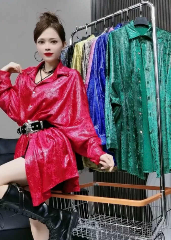 紫拉+新款翻领别致宽松显瘦中长高端衬衫