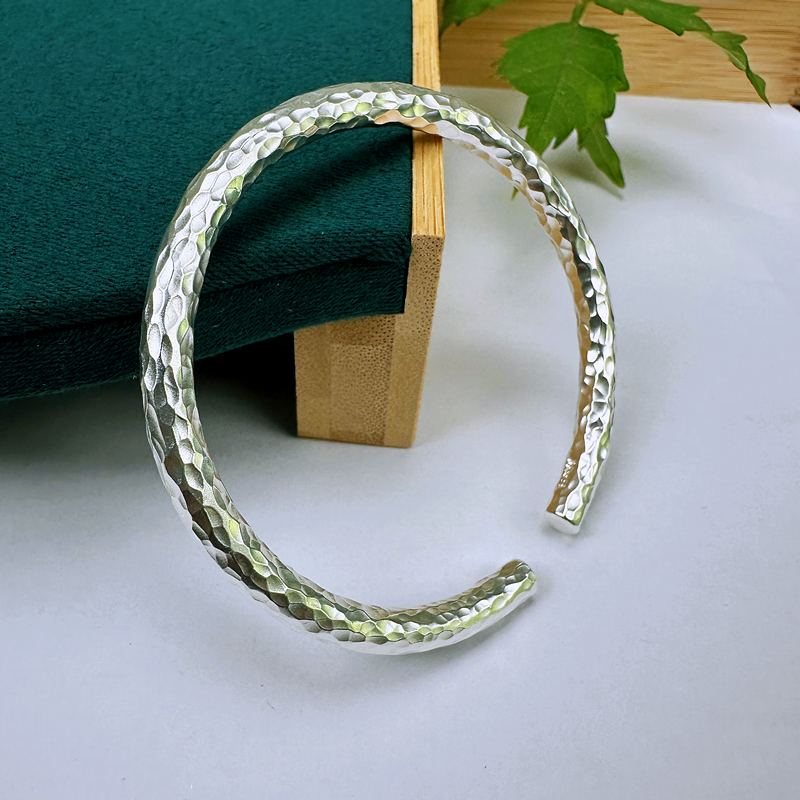 足银手镯 《纯手工锤纹手镯》足银999实心百搭个性男女款时尚简约素