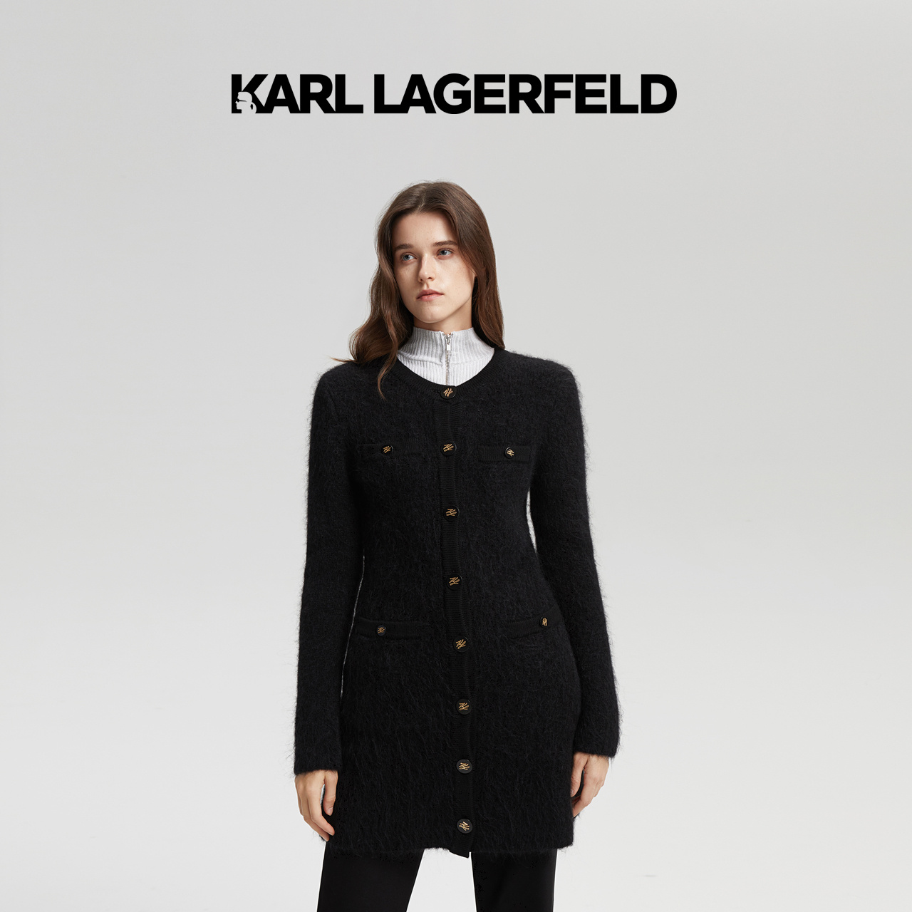 【巴黎专属】KARL LAGERFELD卡尔拉格斐花呢撞色针织连衣裙216L2024