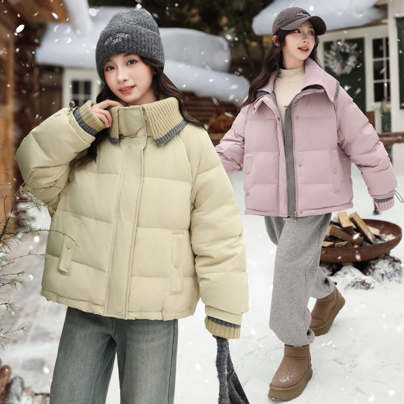 女大童棉服外套冬季2024新款小女孩冬装加厚初中生毛线领洋气棉衣