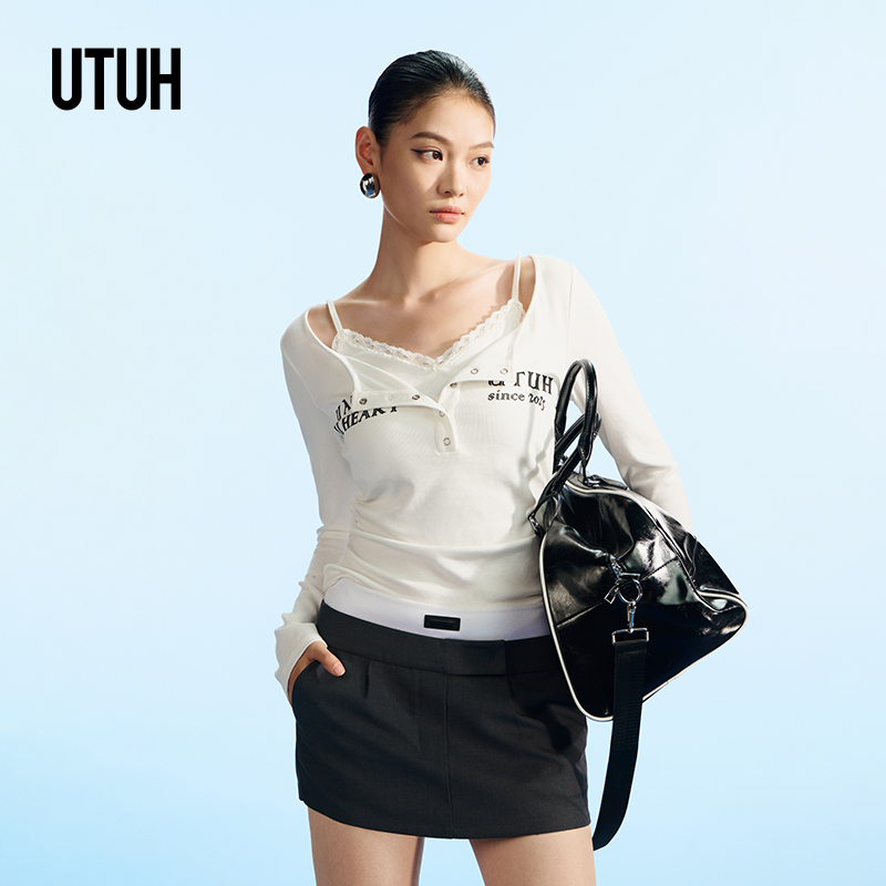 UTUH 白色假两件高级层次感少女纯欲风V领休闲时尚上衣TUWFA1N199