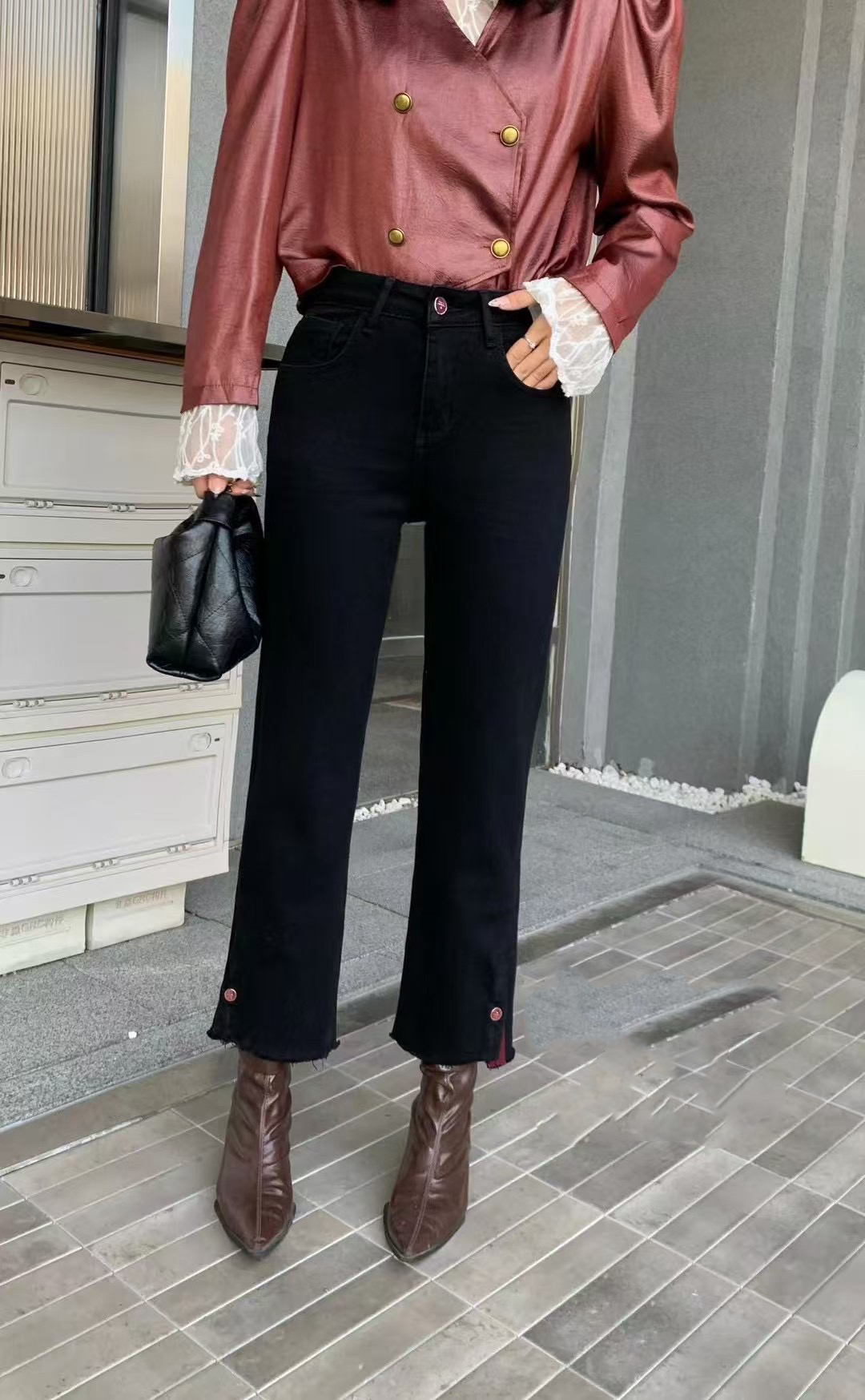 NO退2024年秋冬款植绒九分小直筒裤设计感裤脚开叉烟管牛仔裤