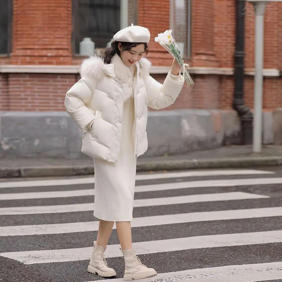 冬季断码修身短款羽绒服女2023小个子加厚保暖白色大毛领外套