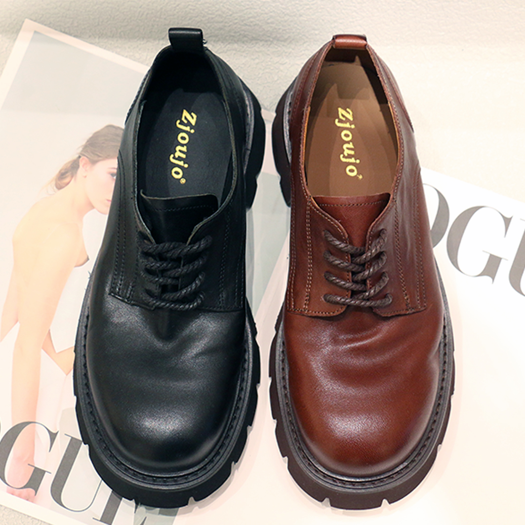 zjoujo女鞋夏季新款马皮法式复古气质真皮厚底百搭乐福鞋软底